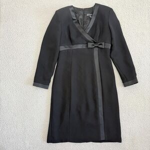 Shani Dress Womens 8 Black Long Sleeve Satin Trim Lined Bow Knee Length Made USA